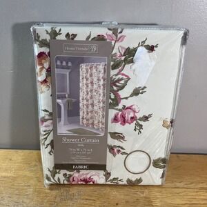 HomeTrends Shelby Floral Rose Cotton Shower Curtain Pink Cream Vtg Style 70x72